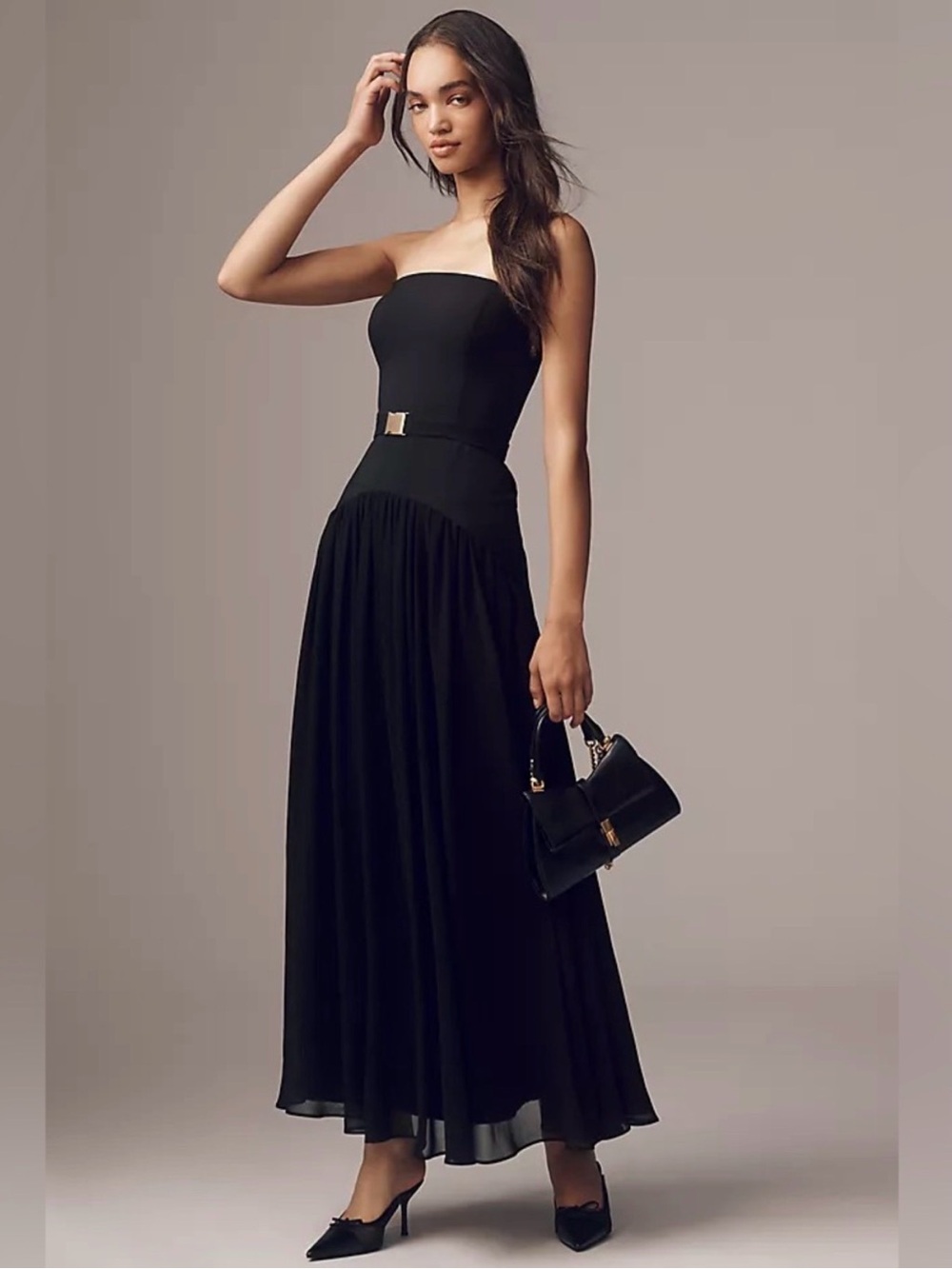Hutch Carmel Strapless Drop Waist Black Maxi Dress with Belt Detail